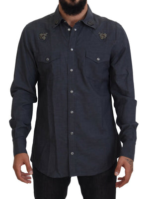 Dolce & Gabbana Blaues Baumwoll-Denim-Kristallbienenhemd