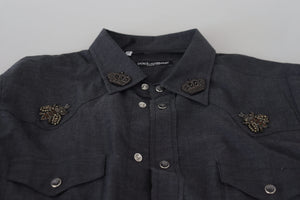 Dolce & Gabbana Blaues Baumwoll-Denim-Kristallbienenhemd