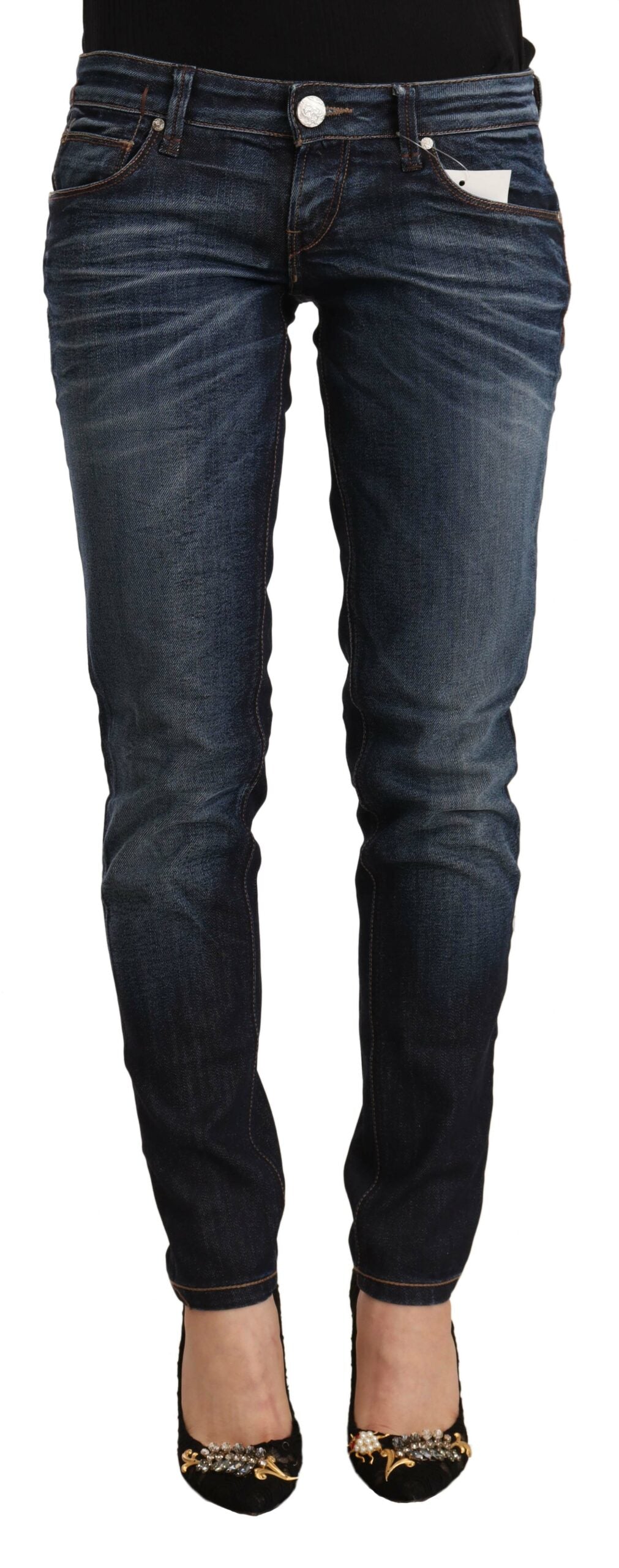 Acht Blaue Skinny Denim Jeans aus gewaschener Baumwolle mit niedriger Taille