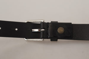 Dolce & Gabbana Schwarzes Kalbsleder Silberfarbenes Logo Metallschnalle Gürtel