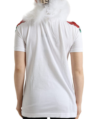 Dolce & Gabbana Weißes Baumwoll-Weihnachts-T-Shirt mit Paillettenpelz