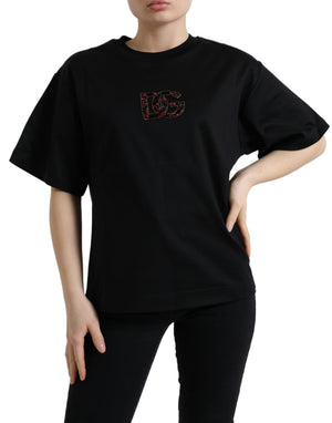 Dolce & Gabbana Schwarzes Baumwoll-T-Shirt DG Crystal Crewneck Tee