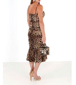 Dolce & Gabbana Braunes Midikleid mit Leopardenmuster und Rüschen