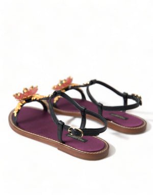Dolce & Gabbana Schwarz Kristall Gold Sandalen Leder Schuhe