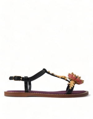 Dolce & Gabbana Schwarz Kristall Gold Sandalen Leder Schuhe