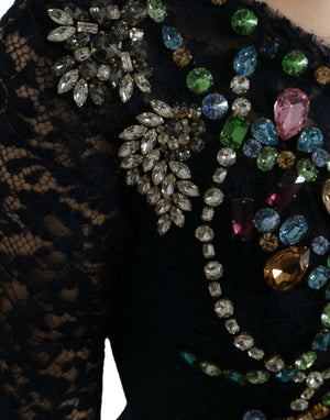 Dolce & Gabbana Blaues Kleid aus geblümter Spitze mit Kristall