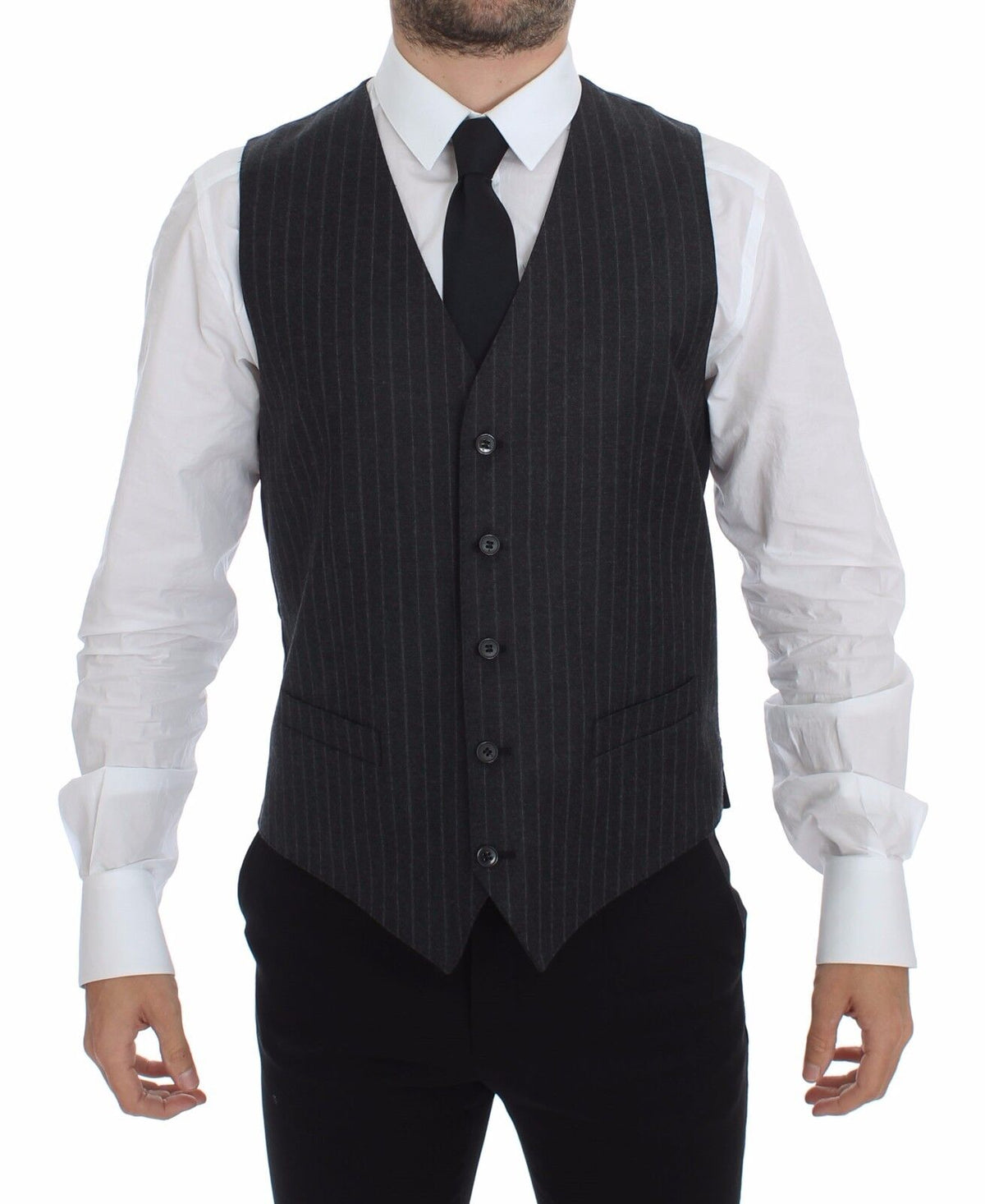 Dolce & Gabbana Grau gestreifte Woll-Logo-Weste Gilet Weste