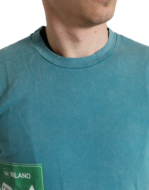 Dolce & Gabbana Blaues Baumwoll-T-Shirt mit Rundhalsausschnitt Milano Street