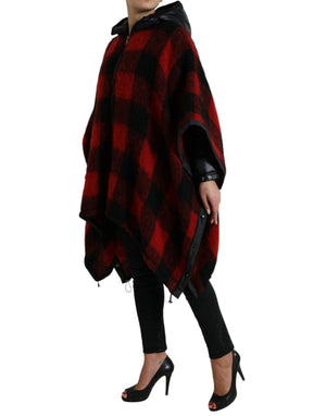 Dolce & Gabbana Schwarz Rot Büffelkaro Poncho Jacke mit Kapuze