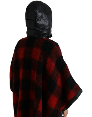 Dolce & Gabbana Schwarz Rot Büffelkaro Poncho Jacke mit Kapuze