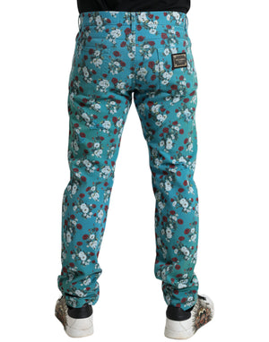 Dolce & Gabbana Blaue Skinny Denim-Hose aus Baumwolle mit Blumendruck