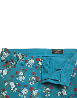 Dolce & Gabbana Blaue Skinny Denim-Hose aus Baumwolle mit Blumendruck