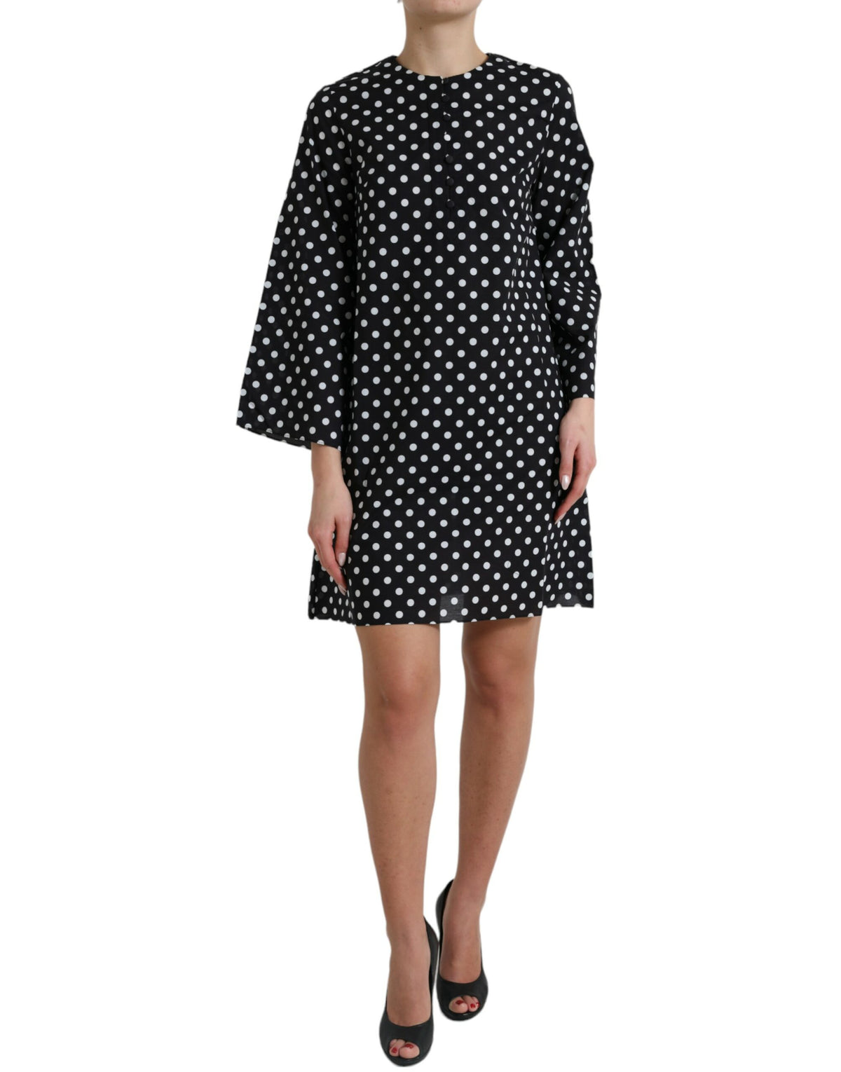Dolce & Gabbana Schwarz-weiß gepunktetes Nylon-Shift-Minikleid