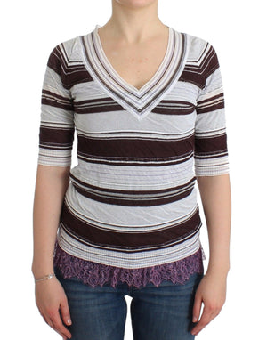 Ermanno Scervino Gestreiftes Spitzen-Top mit V-Ausschnitt und kurzen Ärmeln Pullover