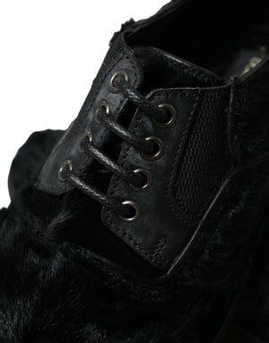Dolce & Gabbana Schwarze Pelz Leder Schnürschuhe Derby Dress