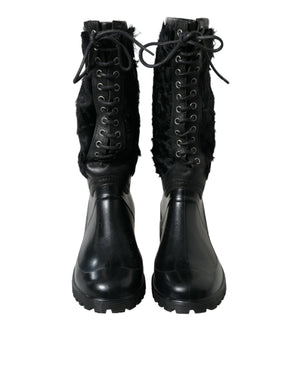 Dolce & Gabbana Schwarze Gummischnürsenkel Shearling Regenstiefel Schuhe