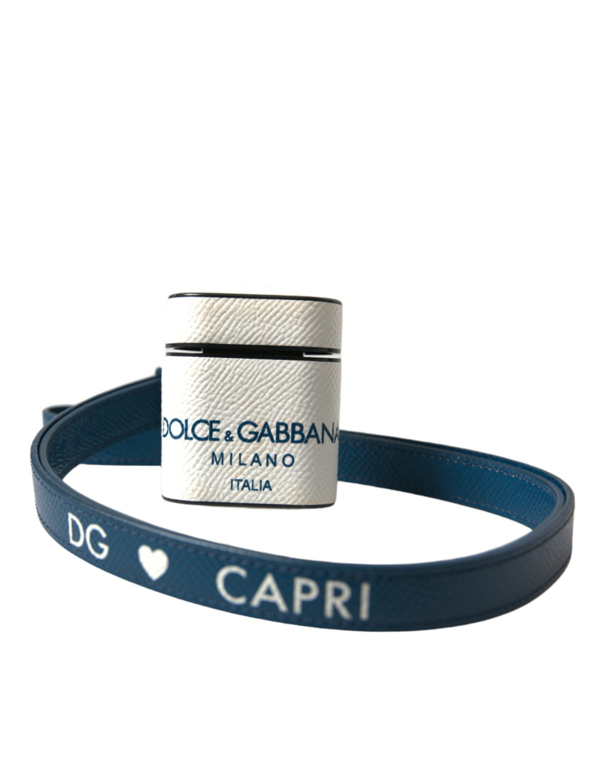 Dolce & Gabbana Weißes blaues Kalbsleder Logo Druck Riemen Airpods Fall