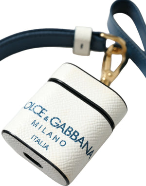 Dolce & Gabbana Weißes blaues Kalbsleder Logo Druck Riemen Airpods Fall