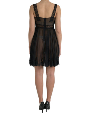 Dolce & Gabbana Schwarzes Minikleid aus Seide mit plissierter Spitze und Chiffon