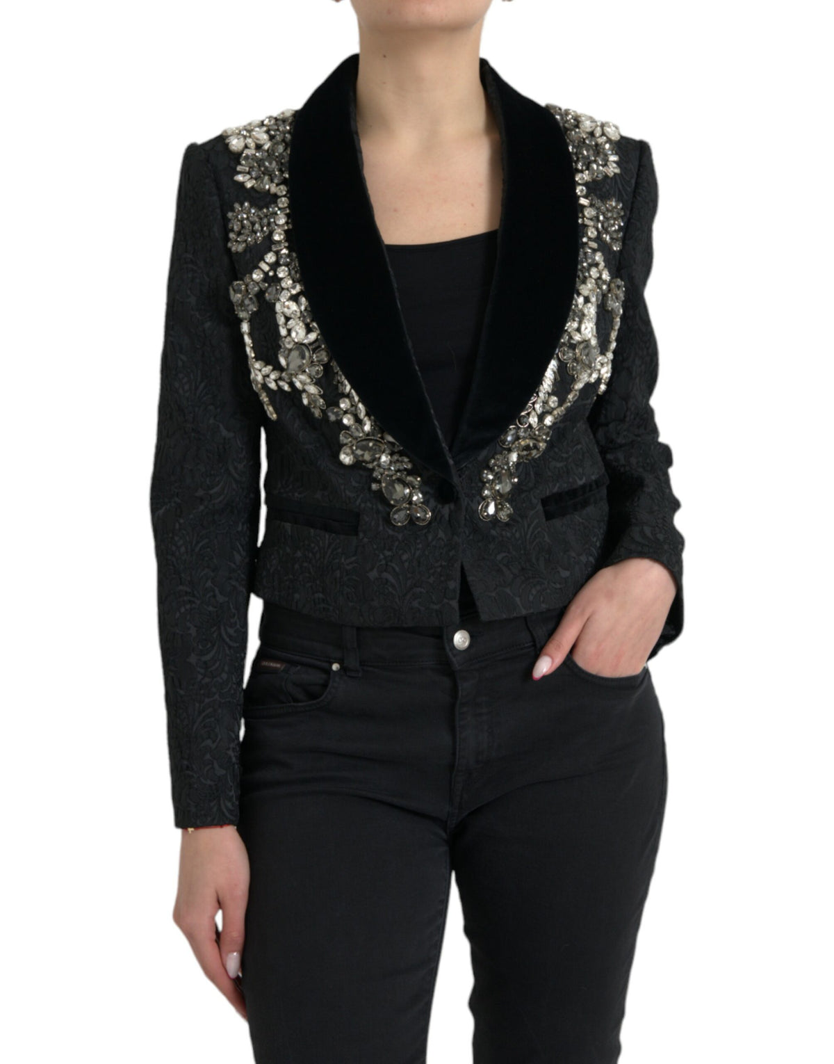 Dolce & Gabbana Schwarzer kristallbesetzter Mantel Jacke
