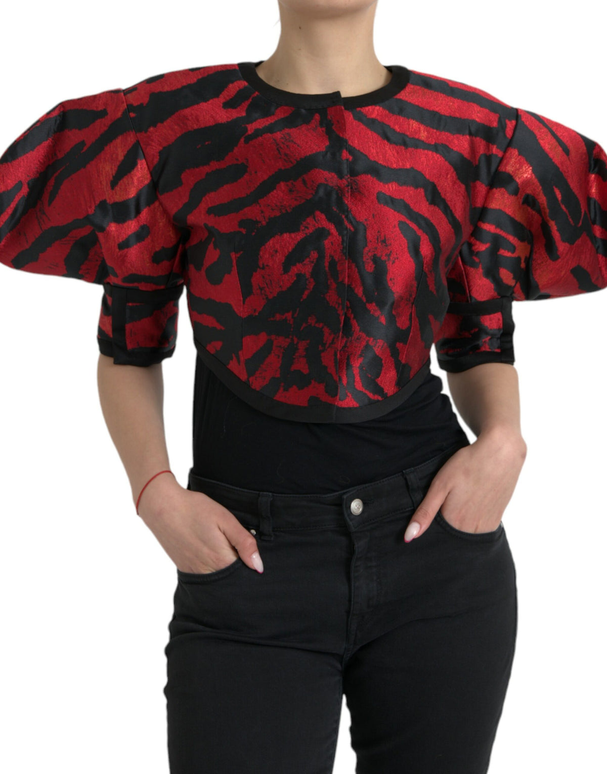 Dolce & Gabbana Schwarz Rot Gemusterter Kurzmantel Jacke