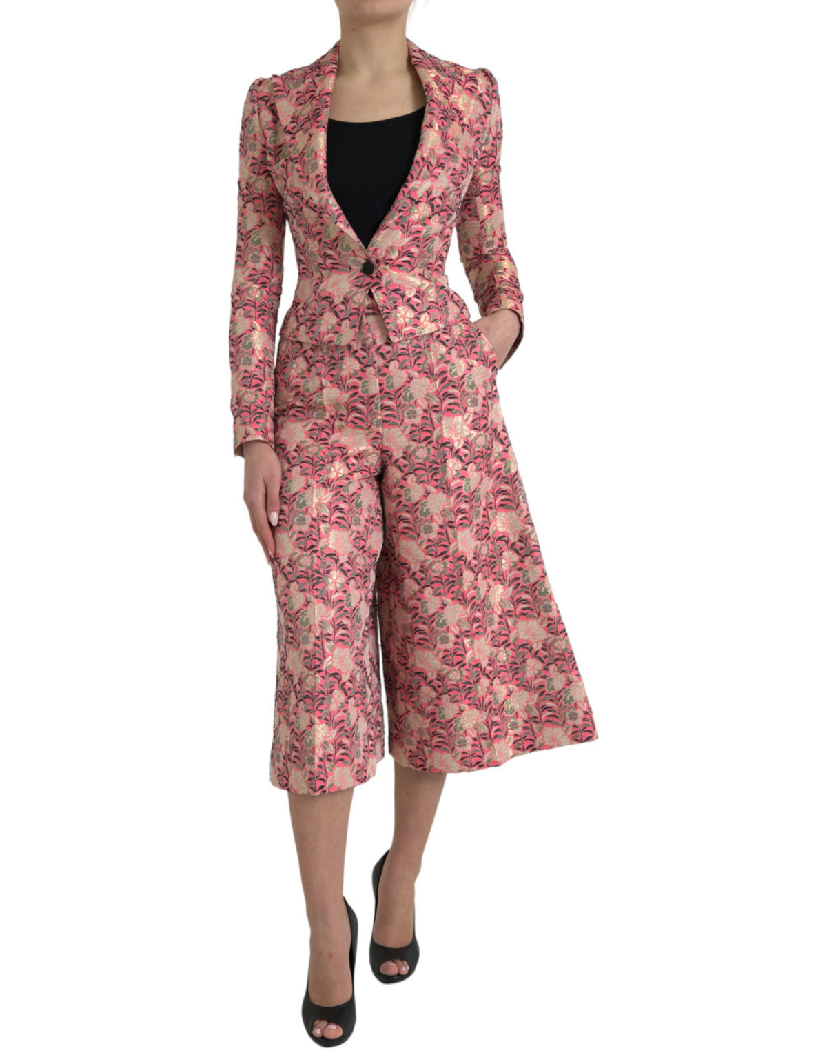 Dolce & Gabbana Rosa Floral Jacquard Slim Fit 2 Stück Anzug