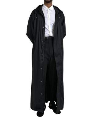 Dolce & Gabbana Schwarze lange Windbreaker-Jacke mit Kapuze aus Polyester
