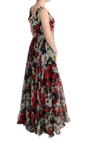 Dolce & Gabbana Langes Maxikleid aus geblümter Seide mit Kristall