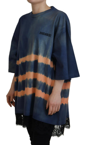 Dsquared² Blaues Baumwoll-Tie-Dye-T-Shirt mit kurzen Ärmeln und Spitze