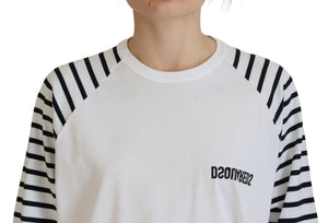 Dsquared² Weißer gestreifter Baumwollpullover mit Rundhalsausschnitt und kurzen Ärmeln