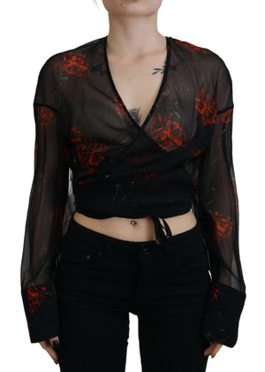 Dsquared² Schwarzes Top mit Blumenmuster und langen Ärmeln mit Wickeloptik