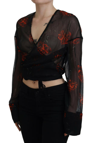 Dsquared² Schwarzes Top mit Blumenmuster und langen Ärmeln mit Wickeloptik