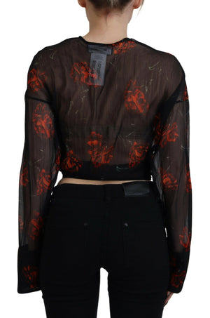 Dsquared² Schwarzes Top mit Blumenmuster und langen Ärmeln mit Wickeloptik