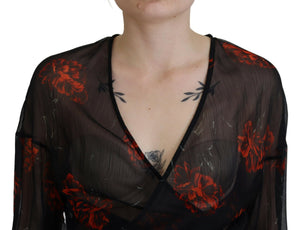 Dsquared² Schwarzes Top mit Blumenmuster und langen Ärmeln mit Wickeloptik