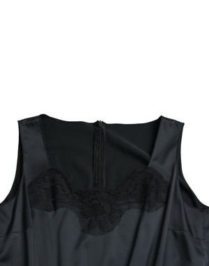 Dolce & Gabbana Schwarzes Polyester-Midikleid mit Spitzenbesatz