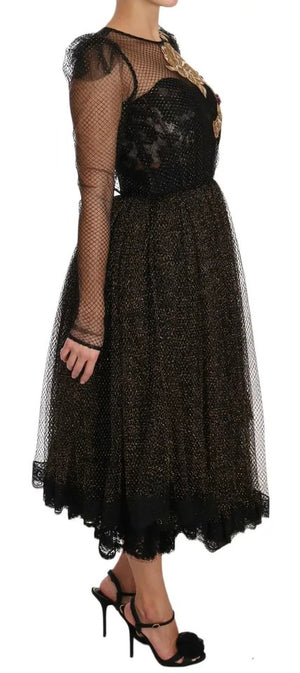 Dolce & Gabbana Schwarz Gold Kristall Herz A-Linien Kleid