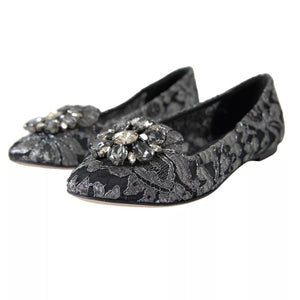 Dolce & Gabbana Graue Schwarze Spitze Kristall Ballett Loafers Schuhe