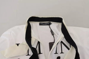 Dolce & Gabbana Weißes T-Shirt mit bedrucktem Ascot-Kragen aus Baumwolle