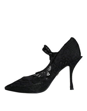 Dolce & Gabbana Schwarze Mary Jane Pumps mit Spitze und Kristallabsatz