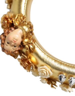 Dolce & Gabbana Goldfarbene Leder-Kopfhörer mit floralem Kristall-Engel-Motiv