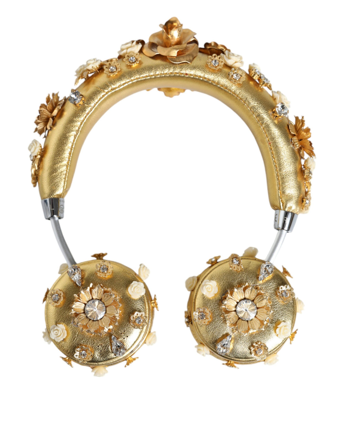 Dolce & Gabbana Goldfarbene Leder-Kopfhörer mit floralem Kristall-Engel-Motiv