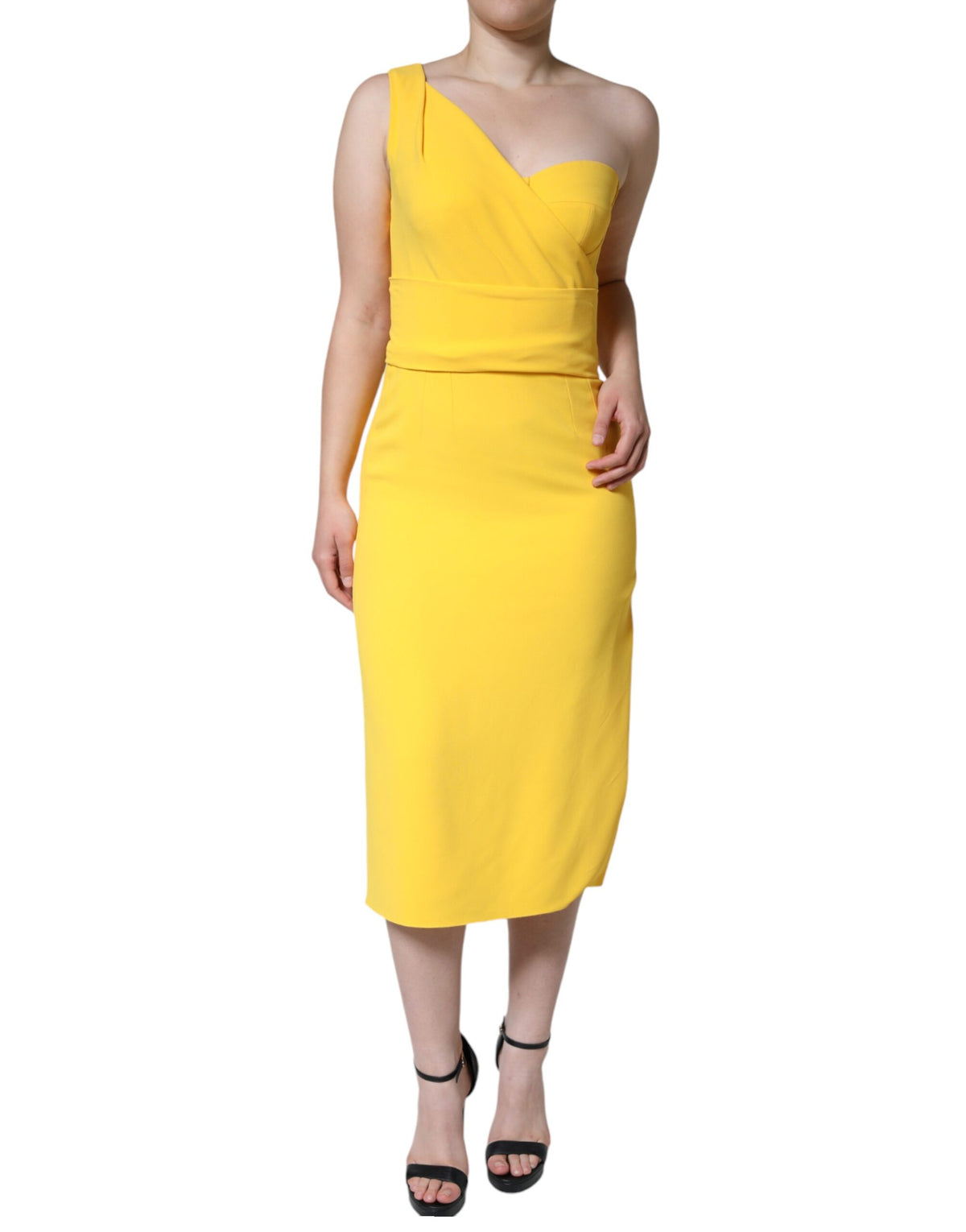 Dolce & Gabbana Gelbes Midikleid mit Seitenschlitz und einer Schulter