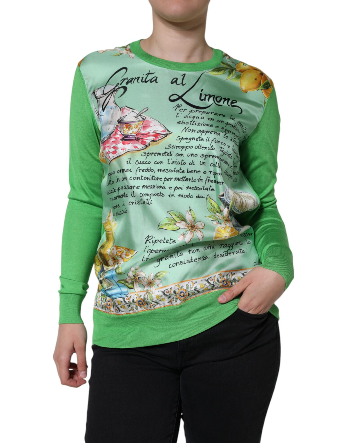 Dolce & Gabbana Grüner Seidenpullover Granita Al Limone mit langen Ärmeln