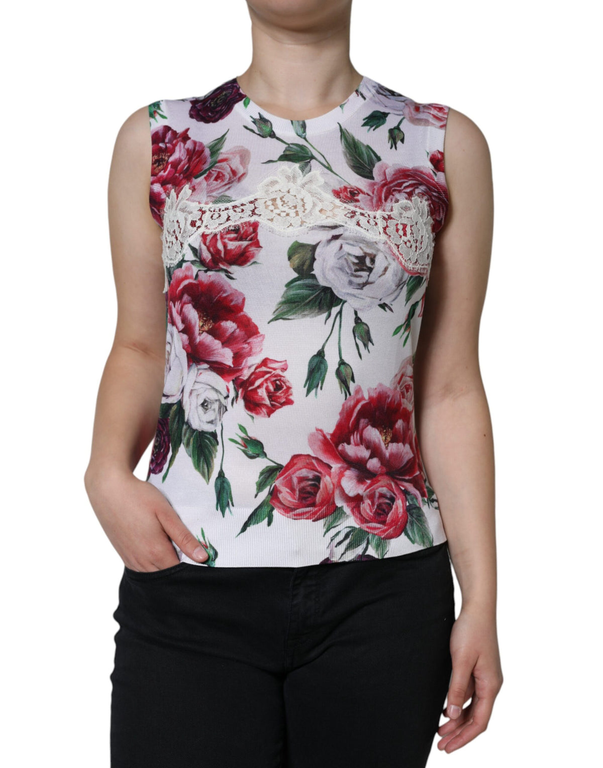 Dolce & Gabbana Weißes Seiden-Top mit floraler Spitze, ärmellos