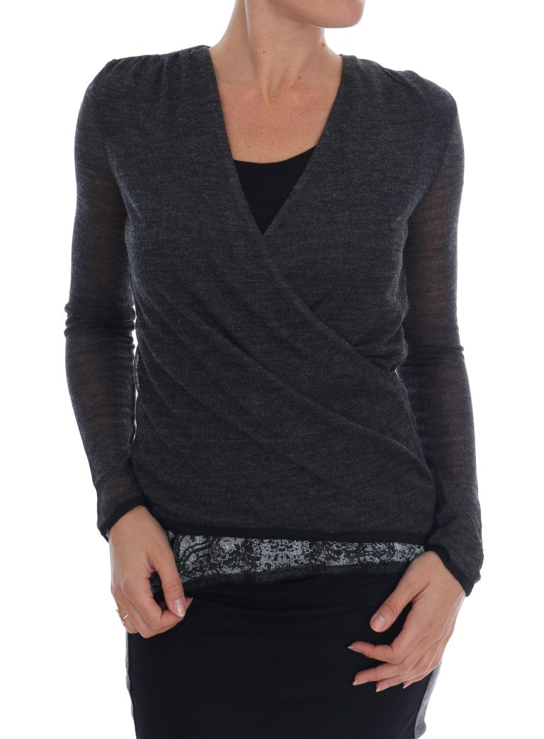 Ermanno Scervino Graues Woll-Spitzen-Top Langarm-T-Shirt