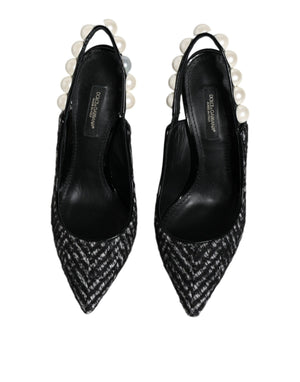 Dolce & Gabbana Weiße schwarze Chevron-Slingback-Schuhe aus Kunstperlen