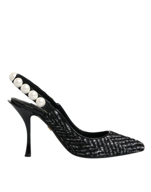 Dolce & Gabbana Weiße schwarze Chevron-Slingback-Schuhe aus Kunstperlen