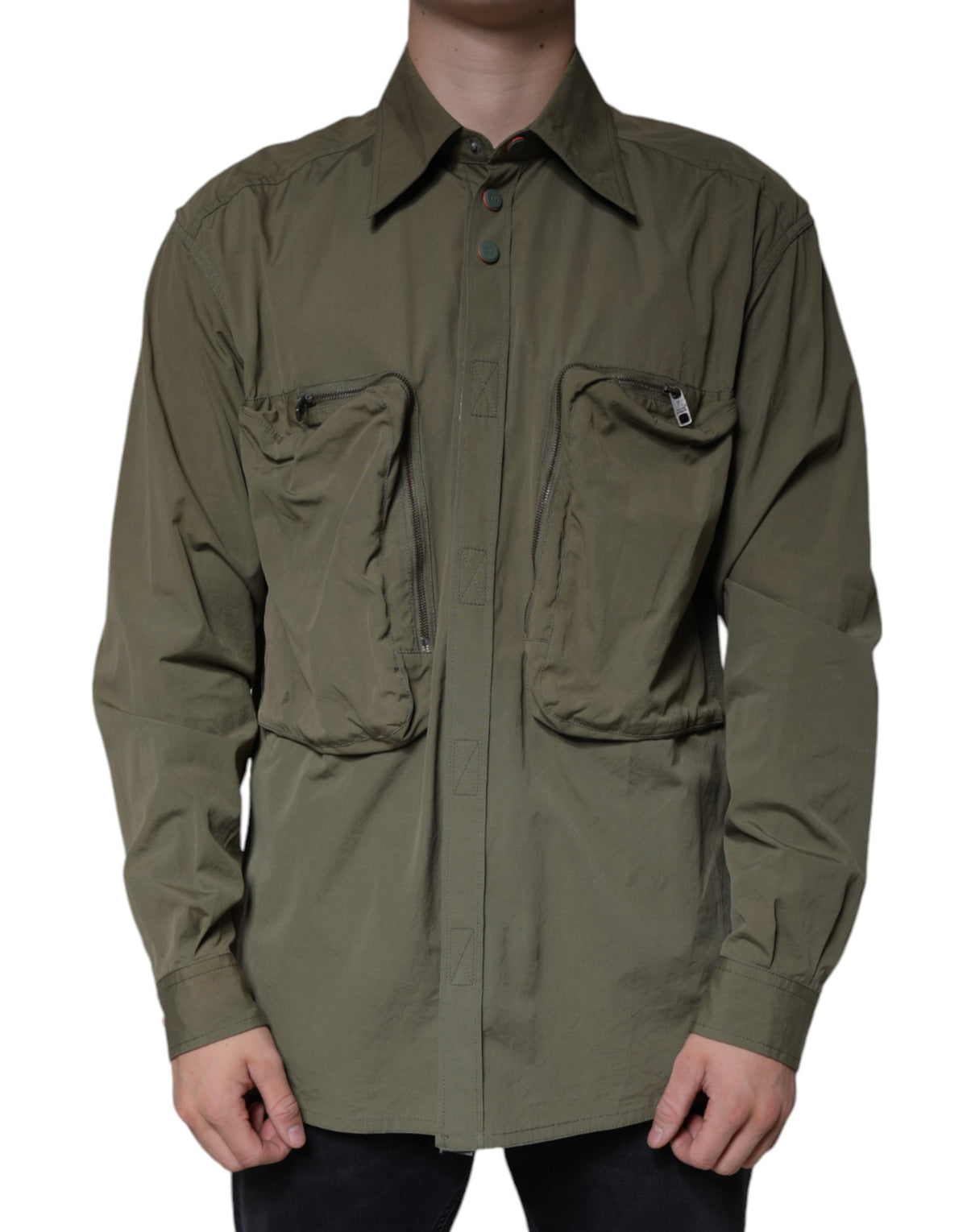 Dolce & Gabbana Grüner Baumwollmantel im Military-Stil mit Stehkragen