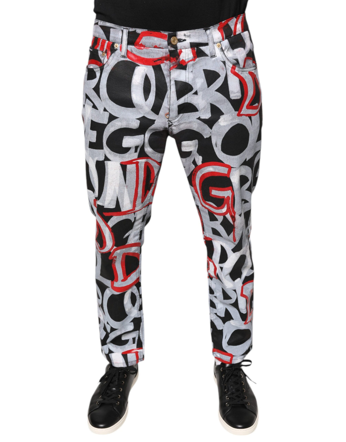 Dolce & Gabbana Skinny Jeans aus Baumwoll-Denim mit mehrfarbigem Monogramm-Print