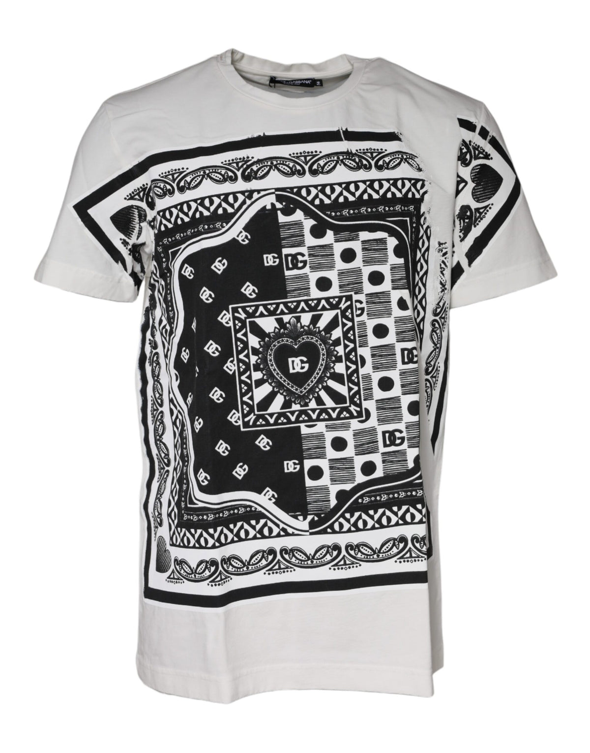 Dolce & Gabbana Weißes Bandana-Print-T-Shirt aus Baumwolle mit kurzen Ärmeln